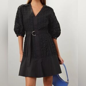 Black Puff Sleeve Textured Dress with Belt